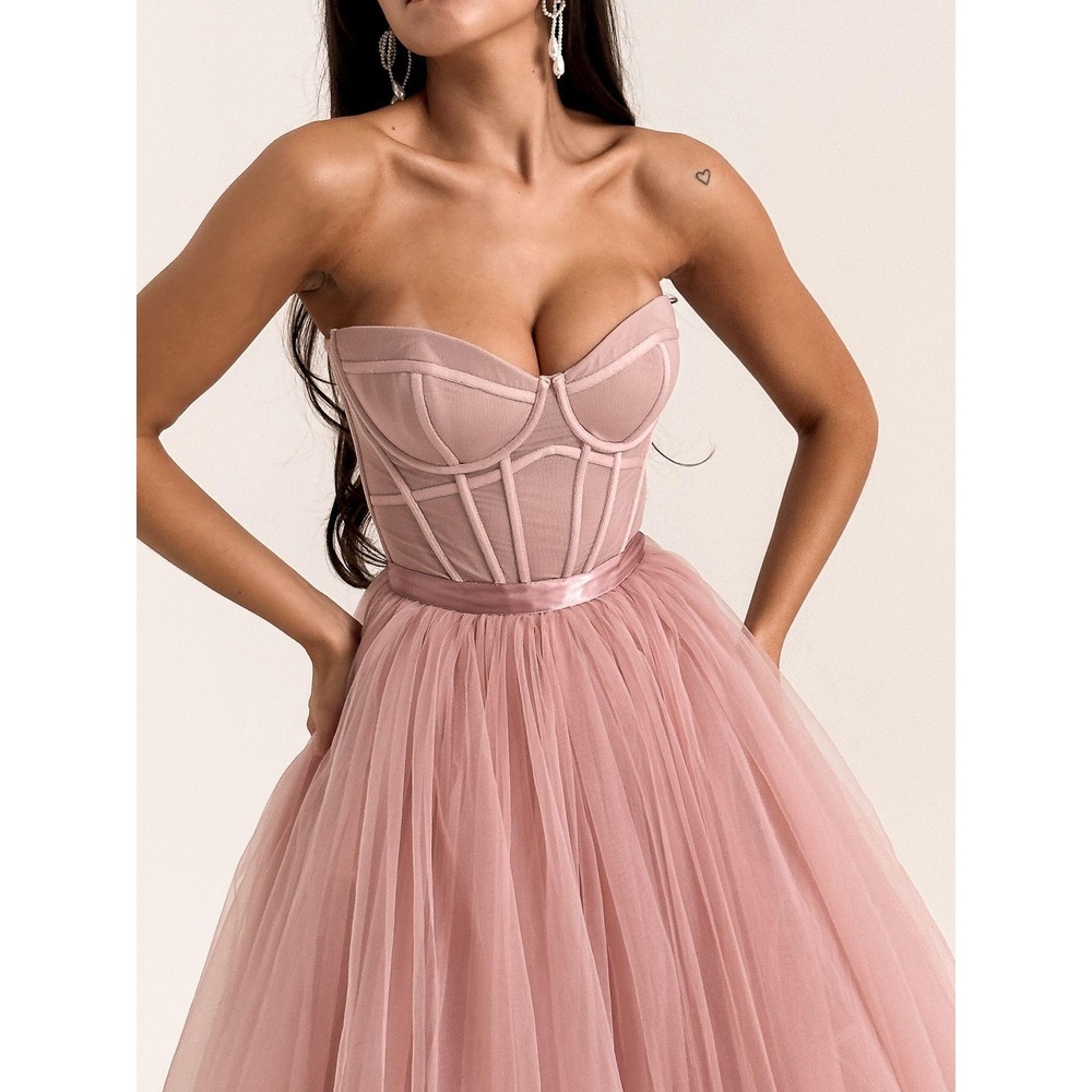 House of CB Darling French Rose Tulle Strapless Midi Dress - Size Medium - Picture 3 of 16